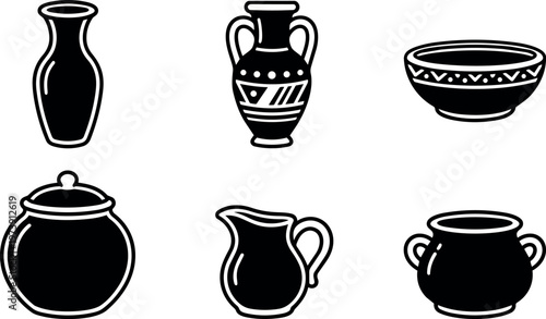 Black silhouette pottery jars bowls and pitchers vector art line icons