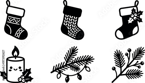 Black and white christmas stockings candle and pine branch icons
