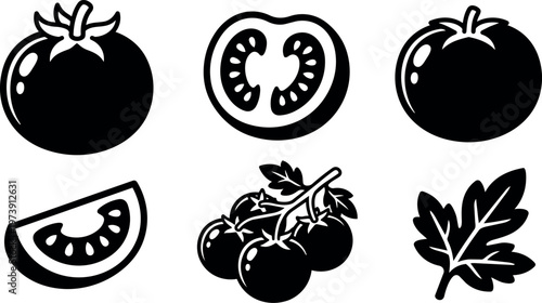 Tomato fruit slices and whole tomatoes with leaves