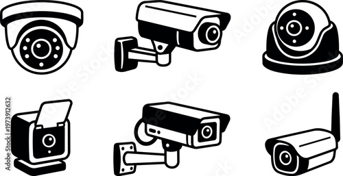 Black and white cctv camera icon set with dome bullet and wireless styles
