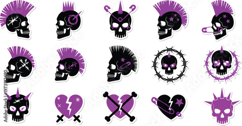 Punk Skull Sticker Icons – Mohawk, Safety Pin, Heart, Edgy Rock Style Set