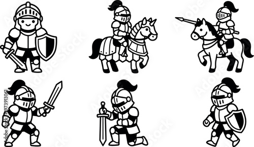 Black and white medieval knight with sword shield and horse vector line art illustration