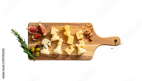 Wooden board with cheese pieces, figs, olives, and rosemary