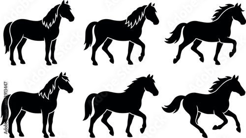 Six black horse silhouette vectors in walking and trotting poses