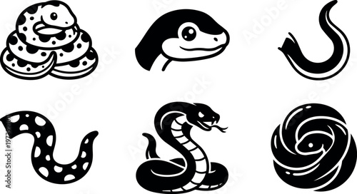 Black and white snake icons with coiled and head close up views in vector art