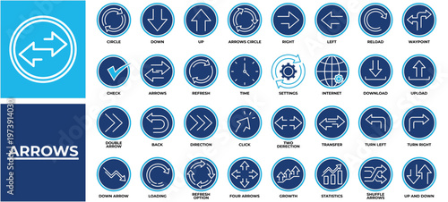 Arrows icon set collection. Containing statistics, trust, index, transfer, arrows, progress, depressed .Solid vector icons collection