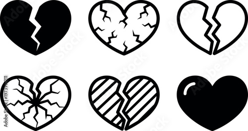 Broken heart icons set with cracks and stripes flat design black and white vector art