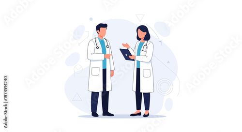 Two doctors in white coats discussing medical information on a tablet
