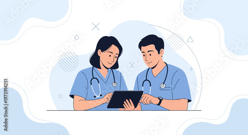 Two doctors in blue scrubs looking at a tablet together, discussing medical information.