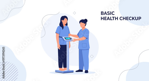 Nurse weighing patient on scale for basic health checkup, medical concept
