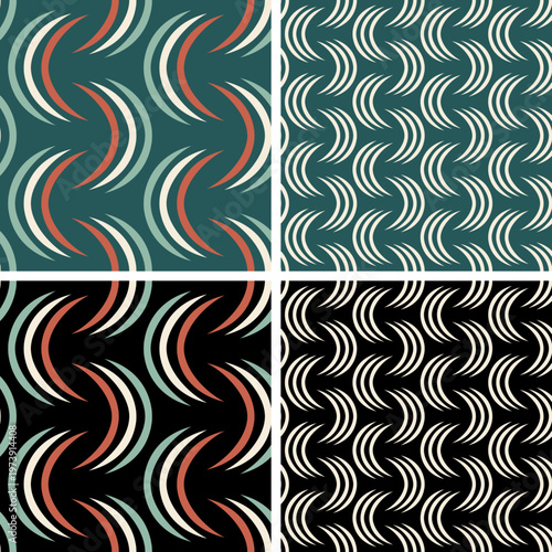 Set of seamless retro patterns with curved geometric shapes in teal, black, cream, and coral tones. Includes variations for fabric, wallpaper, branding, and modern surface design.