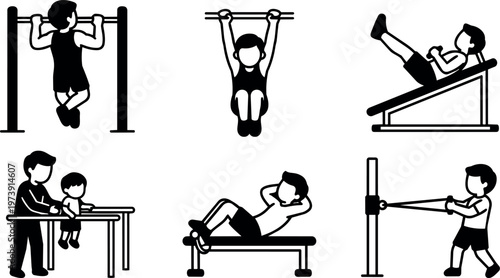 Children doing gym exercises with adult assistance