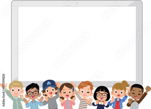 多国籍、多人数の元気な8人小学生の男女と空欄のタブレット
