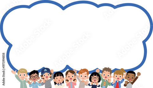 多国籍、多人数の元気な10人の子どもたちの上半身と吹き出し