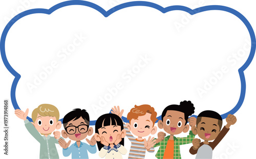 多国籍、多人数の元気な6人の子どもたちの上半身と吹き出し