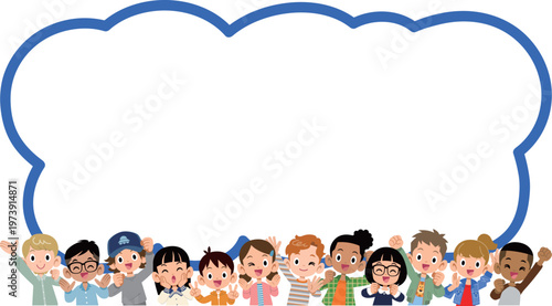 多国籍、多人数の元気な12人の子どもたちの上半身と吹き出し