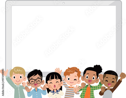 多国籍、多人数の元気な6人小学生の男女と空欄のタブレット