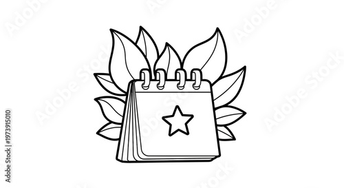 Simplified Calendar Page with Star Marked Date and Abstract Leaves, Time Management. transparent.