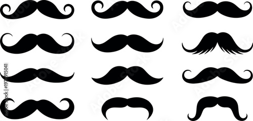 Collection of various mustache styles and shapes in black silhouette on white background