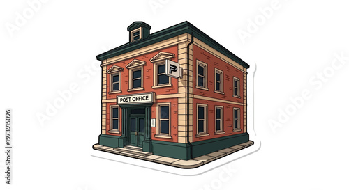 This high-resolution sticker icon vividly portrays a vintage post office building in an h. transparent.