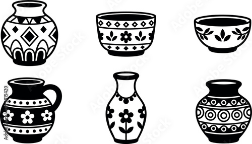 Black and white floral and geometric patterned pottery vases and bowls vector art