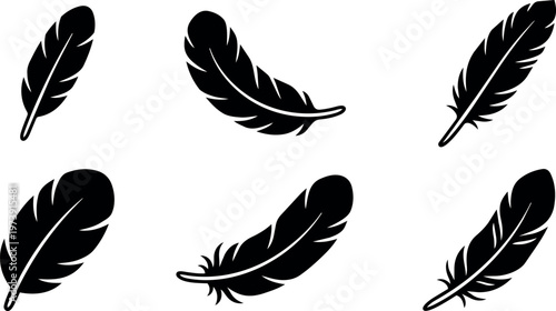 Black silhouette feather set six different feather shapes vector art