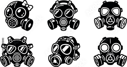 Black and white gas mask icon set with bow and goggles vector art