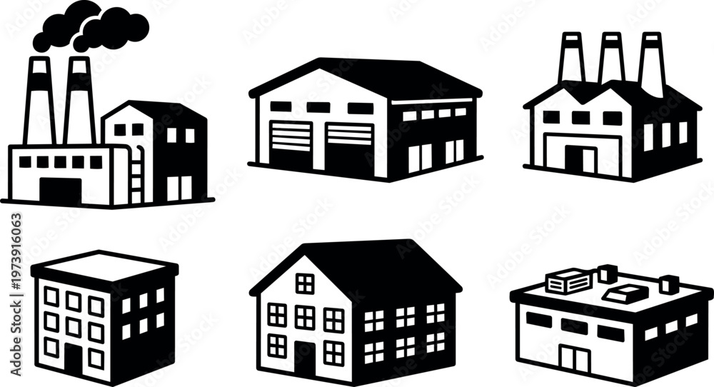 Fototapeta premium Black and white factory and warehouse building icons with chimneys and windows