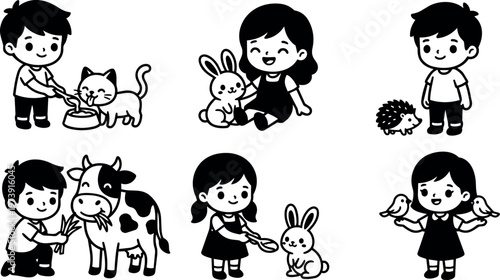 Black and white children feeding and playing with various animals vector art
