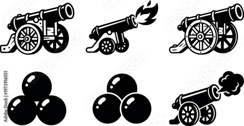 Black and white cannon firing with cannonballs vector art set