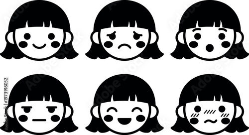 Black and white cartoon girl faces showing six different emotions vector art