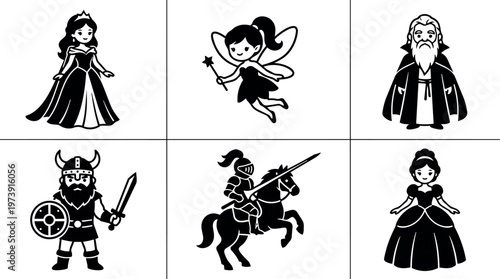 Fairy tale characters including princess knight wizard and viking