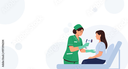 Nurse checking patient's temperature with thermometer, medical checkup, healthcare concept