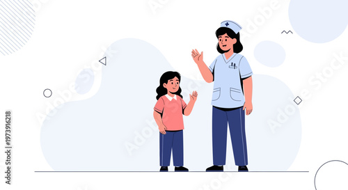 Nurse and child waving hello, healthcare, medical, friendly, illustration