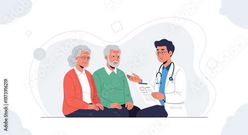 Doctor consulting elderly couple about health, medical checkup, healthcare concept