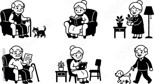 Elderly couple reading walking and gardening with pets