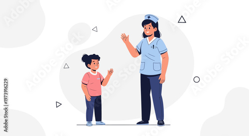Nurse and Child Waving Hello, Pediatric Healthcare Concept