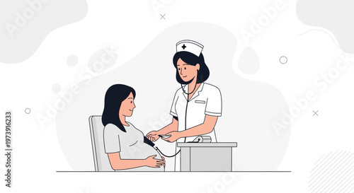Nurse checks pregnant woman's blood pressure, healthcare and pregnancy concept