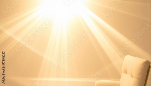 Helles, warmes Licht strahlt von oben in einen ruhigen Raum und beleuchtet eine gemütliche Ecke mit einem Sessel, symbolisch für Hoffnung und neue Anfänge.