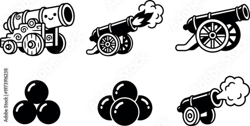 Black and white cartoon cannons and cannonballs vector art with smoke and flames