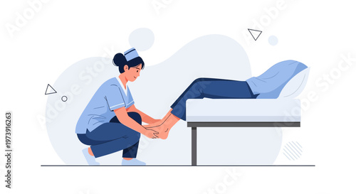 Nurse examining patient's foot on examination table, medical illustration