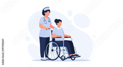 Nurse pushing patient in wheelchair, medical care, healthcare assistance, hospital, clinic