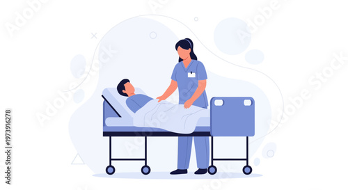 Nurse Caring for Patient in Hospital Bed - Medical Illustration