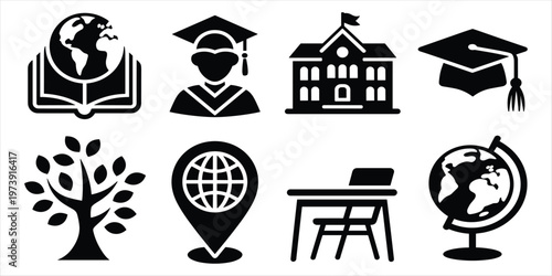 Education Icons Featuring Globe Book Graduation Cap School and Tree learning