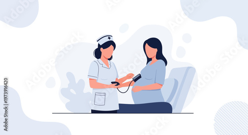 Nurse checking pregnant woman's blood pressure, healthcare concept
