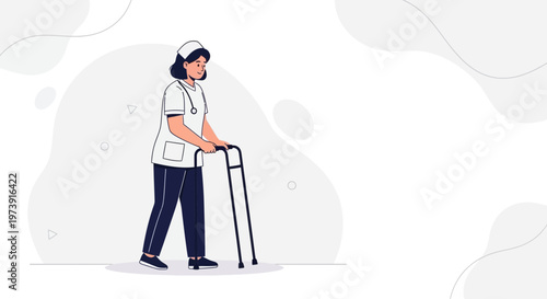 Nurse assisting elderly patient with walker, healthcare and support concept