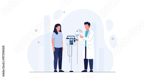 Doctor explains IV drip to patient, modern medical technology, healthcare concept