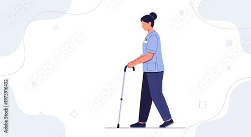 Nurse walking with patient using cane, healthcare, medical assistance, senior care, illustration