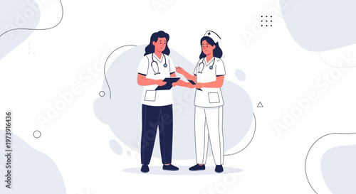 Two nurses discussing medical chart, healthcare professionals teamwork, flat illustration