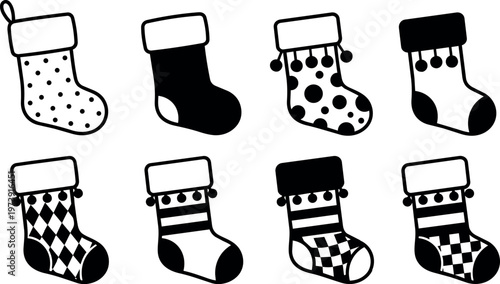 Black and white christmas stockings vector art with polka dots and patterns
